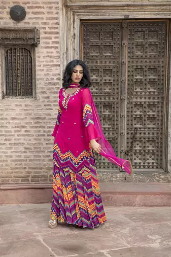  Indian Pink Printed Kurta With Printed Sharara And Dupatta