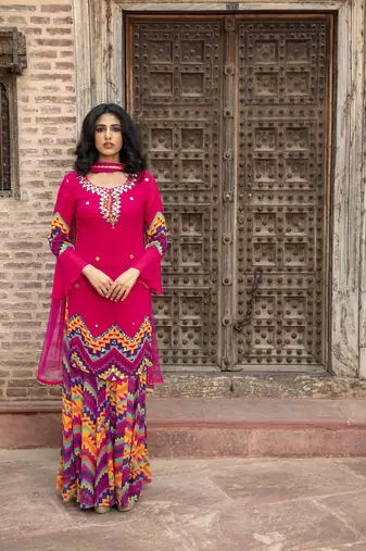  Indian Pink Printed Kurta With Printed Sharara And Dupatta