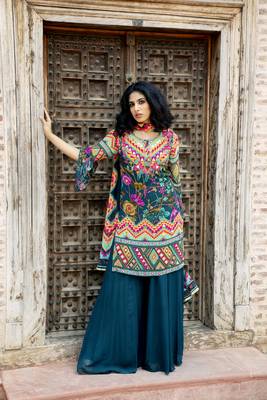 Teal Printed Kurta With Sharara And Dupatta 1