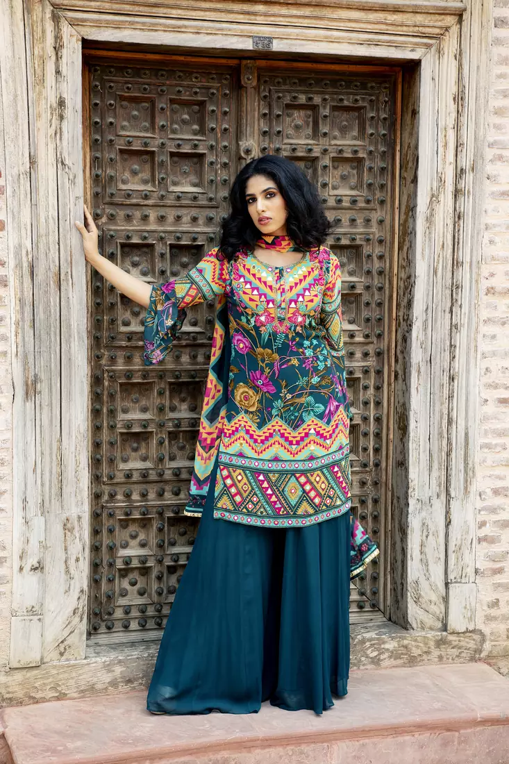 Charu parashar Teal printed kurta with sharara and dupatta