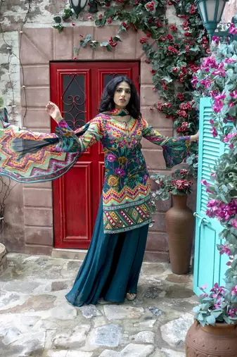 Teal Printed Kurta With Sharara And Dupatta
