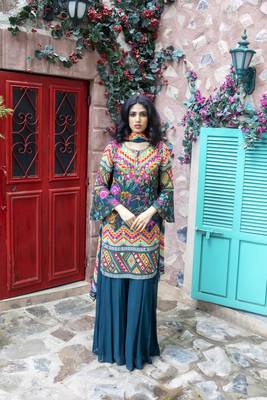 Teal Printed Kurta With Sharara And Dupatta 3