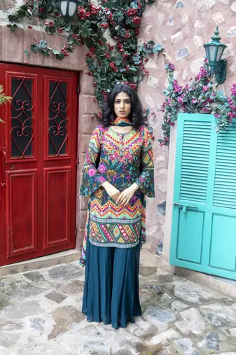 Teal Printed Kurta With Sharara And Dupatta