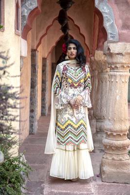 Cream Printed Kurta With Sharara And Dupatta 1