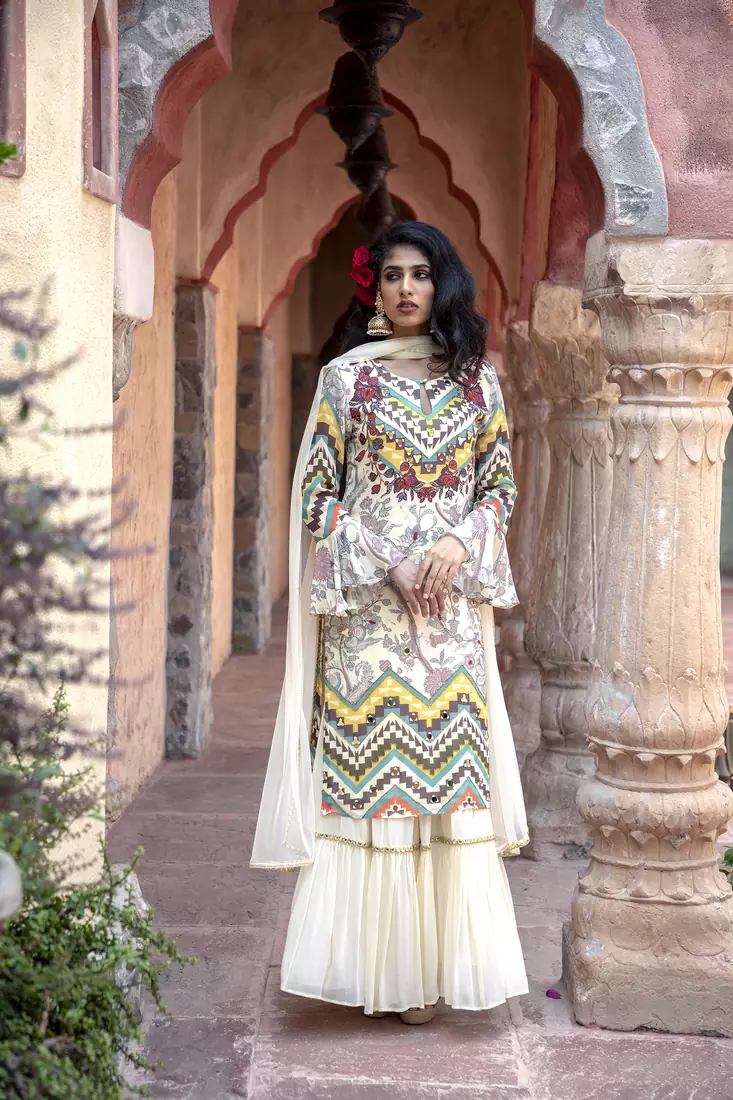 Charu parashar Cream printed kurta with sharara and dupatta