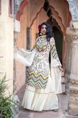Cream Printed Kurta With Sharara And Dupatta 2