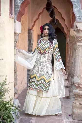 Cream Printed Kurta With Sharara And Dupatta