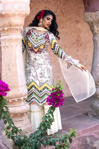 Cream Printed Kurta With Sharara And Dupatta