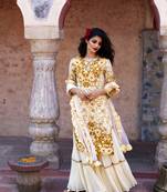 Cream Brown Printed Kurta With Sharara And Dupatta