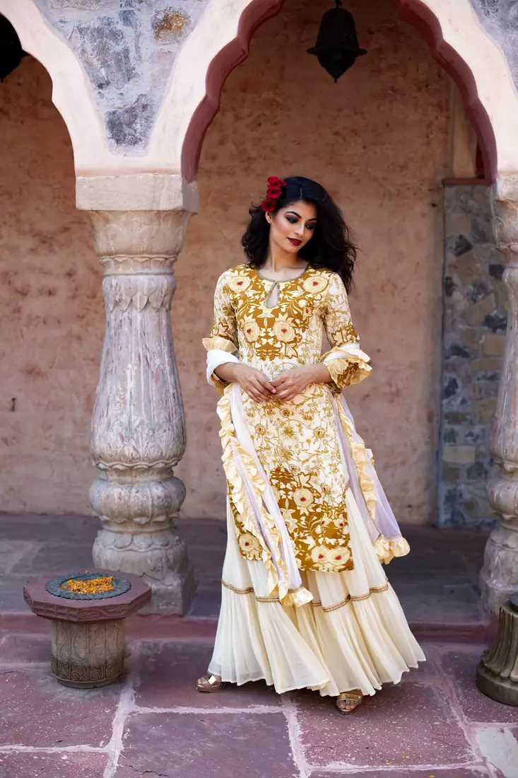 Charu parashar Cream brown printed kurta with sharara and dupatta