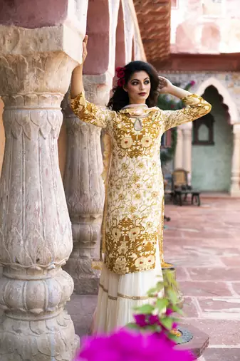 Cream Brown Printed Kurta With Sharara And Dupatta