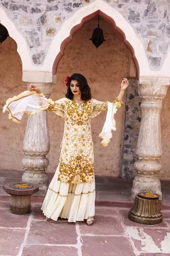 Cream Brown Printed Kurta With Sharara And Dupatta