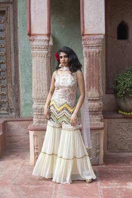 Cream Printed Sleveless Kurta With Sharara And Dupatta 2
