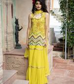 Yellow Printed Sleveless Kurta With Sharara And Dupatta