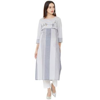 woven grey striped with floral embroidery and pearl work cotton casual kurti 1