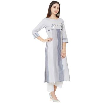 woven grey striped with floral embroidery and pearl work cotton casual kurti 2