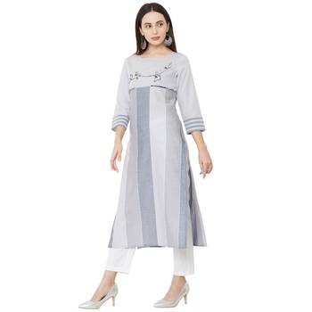 woven grey striped with floral embroidery and pearl work cotton casual kurti 3