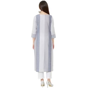 woven grey striped with floral embroidery and pearl work cotton casual kurti 4