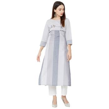 woven grey striped with floral embroidery and pearl work cotton casual kurti 5