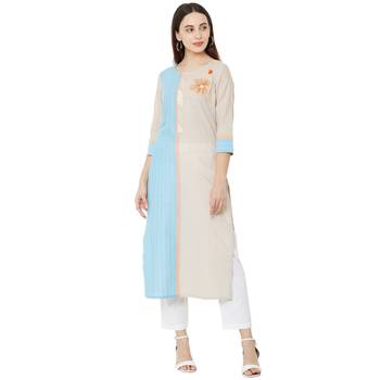 Solid Beige & Sky Blue woven striped with floral embroidery work cotton casual kurti 1