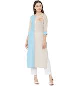 Solid Beige & Sky Blue woven striped with floral embroidery work cotton casual kurti