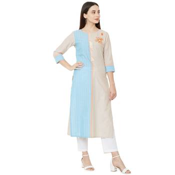Solid Beige & Sky Blue woven striped with floral embroidery work cotton casual kurti 2