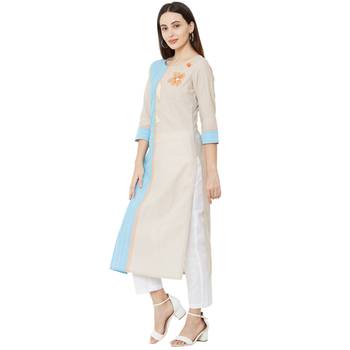 Solid Beige & Sky Blue woven striped with floral embroidery work cotton casual kurti 3