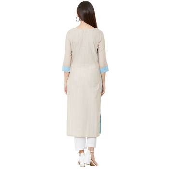 Solid Beige & Sky Blue woven striped with floral embroidery work cotton casual kurti 4