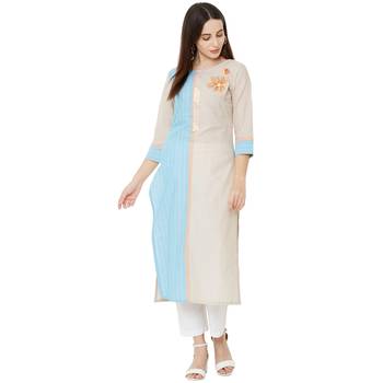 Solid Beige & Sky Blue woven striped with floral embroidery work cotton casual kurti 5