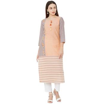 woven orange & grey solid and verical striped with floral embroidery cotton casual kurti 1