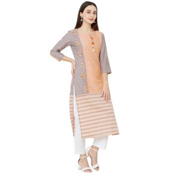 woven orange & grey solid and verical striped with floral embroidery cotton casual kurti 2
