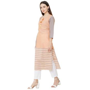 woven orange & grey solid and verical striped with floral embroidery cotton casual kurti 3