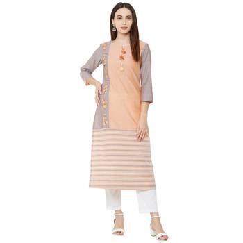 woven orange & grey solid and verical striped with floral embroidery cotton casual kurti 5