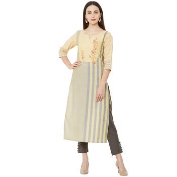 Yellow & Grey woven striped with floral embroidery cotton casual kurti 1