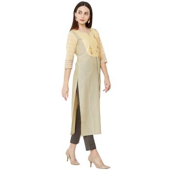 Yellow & Grey woven striped with floral embroidery cotton casual kurti 2
