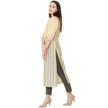 Yellow & Grey woven striped with floral embroidery cotton casual kurti 3