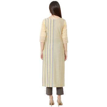 Yellow & Grey woven striped with floral embroidery cotton casual kurti 4