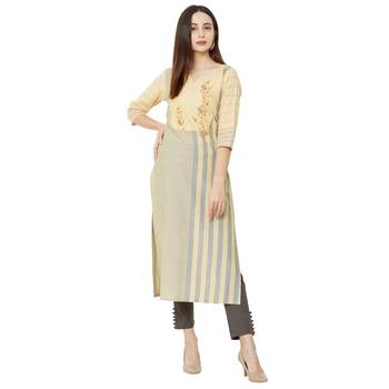 Yellow & Grey woven striped with floral embroidery cotton casual kurti 5