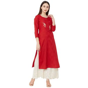 Red color cotton casual kurti with beeds & embroidery work 1