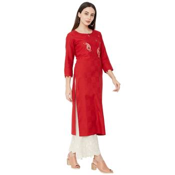 Red color cotton casual kurti with beeds & embroidery work 2