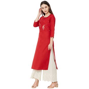 Red color cotton casual kurti with beeds & embroidery work 3