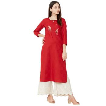 Red color cotton casual kurti with beeds & embroidery work 5