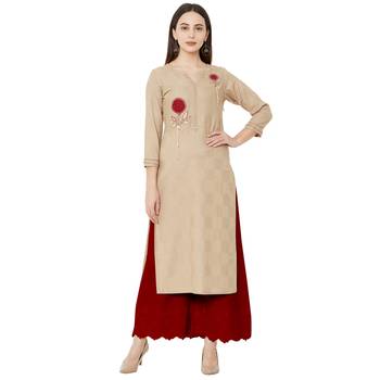 Beige color cotton casual kurti with beeds & embroidery work 1