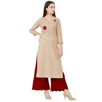 Beige color cotton casual kurti with beeds & embroidery work 2