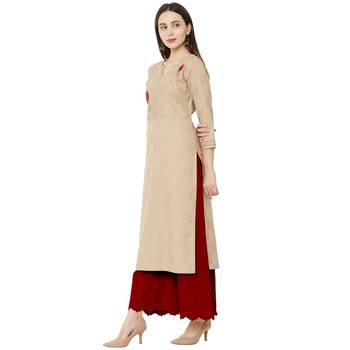 Beige color cotton casual kurti with beeds & embroidery work 3