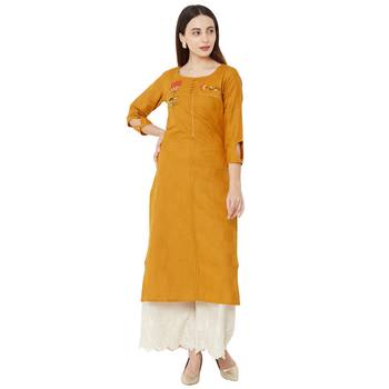 mustard color floral embroidered round neck cotton casual kurti 1
