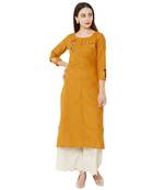 mustard color floral embroidered round neck cotton casual kurti