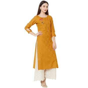 mustard color floral embroidered round neck cotton casual kurti 2