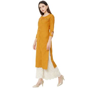 mustard color floral embroidered round neck cotton casual kurti 3