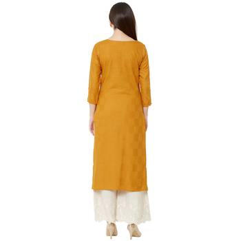 mustard color floral embroidered round neck cotton casual kurti 4